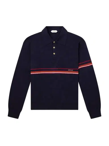 Versace Logo-Embroidered Striped Cotton Polo Sweater - Men | Thumbnail 1 Versace Logo-Embroidered Striped Cotton Polo Sweater - Men | Thumbnail 1