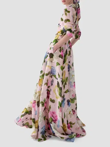 Carolina Herrera Women's Cabana Floral Belted Linen-Silk Trench Gown - Rosewater Multi - Size 12 | Thumbnail 3 Carolina Herrera Women's Cabana Floral Belted Linen-Silk Trench Gown - Rosewater Multi - Size 12 | Thumbnail 3