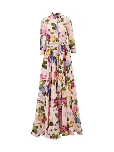 Carolina Herrera Women's Cabana Floral Belted Linen-Silk Trench Gown - Rosewater Multi - Size 12 | Thumbnail 1 Carolina Herrera Women's Cabana Floral Belted Linen-Silk Trench Gown - Rosewater Multi - Size 12 | Thumbnail 1