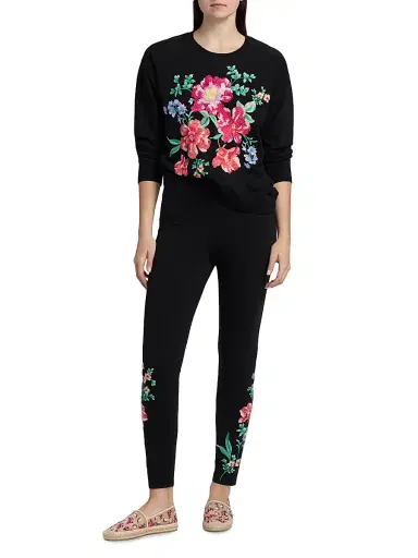 Johnny Was Women's Celiora Floral Stretch-Cotton Sweatshirt - Black | Thumbnail 2 Johnny Was Women's Celiora Floral Stretch-Cotton Sweatshirt - Black | Thumbnail 2