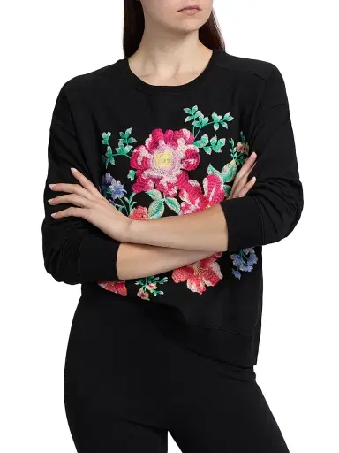 Johnny Was Women's Celiora Floral Stretch-Cotton Sweatshirt - Black | Thumbnail 3 Johnny Was Women's Celiora Floral Stretch-Cotton Sweatshirt - Black | Thumbnail 3