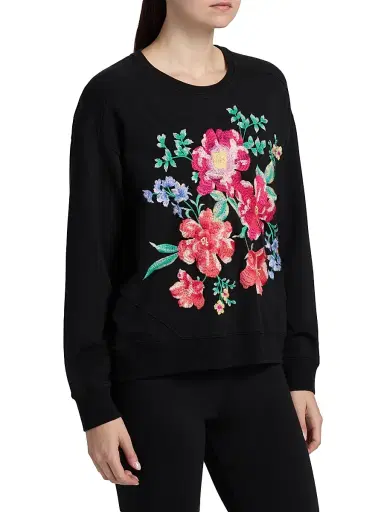 Johnny Was Women's Celiora Floral Stretch-Cotton Sweatshirt - Black | Thumbnail 4 Johnny Was Women's Celiora Floral Stretch-Cotton Sweatshirt - Black | Thumbnail 4