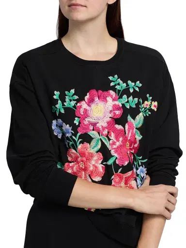 Johnny Was Women's Celiora Floral Stretch-Cotton Sweatshirt - Black | Thumbnail 6 Johnny Was Women's Celiora Floral Stretch-Cotton Sweatshirt - Black | Thumbnail 6