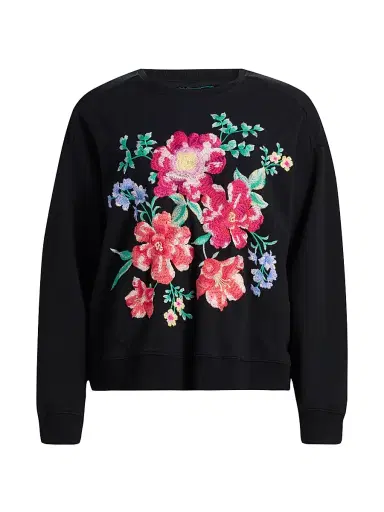 Johnny Was Women's Celiora Floral Stretch-Cotton Sweatshirt - Black | Thumbnail 1 Johnny Was Women's Celiora Floral Stretch-Cotton Sweatshirt - Black | Thumbnail 1