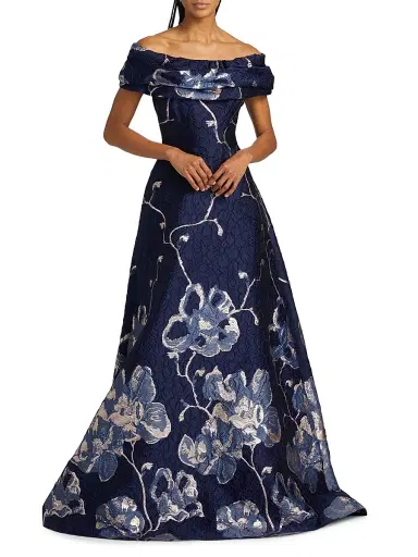 Teri Jon by Rickie Freeman Women's Floral Jacquard Off-The-Shoulder A-Line Gown - Navy Multi | Thumbnail 2 Teri Jon by Rickie Freeman Women's Floral Jacquard Off-The-Shoulder A-Line Gown - Navy Multi | Thumbnail 2