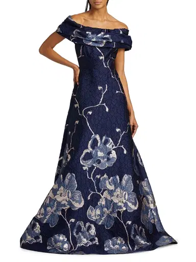 Teri Jon by Rickie Freeman Women's Floral Jacquard Off-The-Shoulder A-Line Gown - Navy Multi | Thumbnail 3 Teri Jon by Rickie Freeman Women's Floral Jacquard Off-The-Shoulder A-Line Gown - Navy Multi | Thumbnail 3