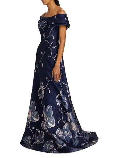 Teri Jon by Rickie Freeman Women's Floral Jacquard Off-The-Shoulder A-Line Gown - Navy Multi | Thumbnail 4 Teri Jon by Rickie Freeman Women's Floral Jacquard Off-The-Shoulder A-Line Gown - Navy Multi | Thumbnail 4