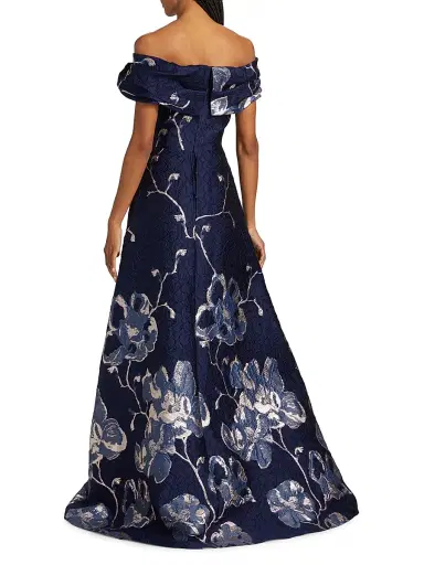 Teri Jon by Rickie Freeman Women's Floral Jacquard Off-The-Shoulder A-Line Gown - Navy Multi | Thumbnail 5 Teri Jon by Rickie Freeman Women's Floral Jacquard Off-The-Shoulder A-Line Gown - Navy Multi | Thumbnail 5