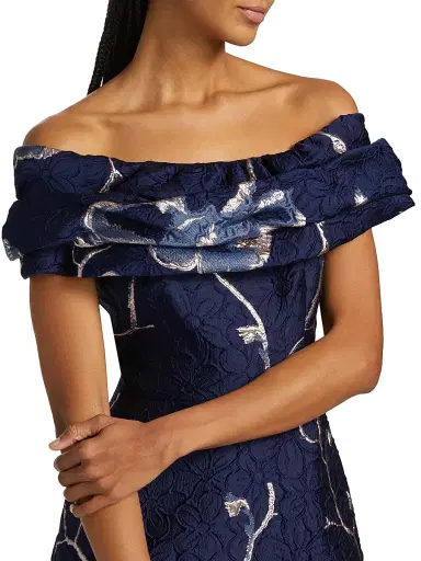 Teri Jon by Rickie Freeman Women's Floral Jacquard Off-The-Shoulder A-Line Gown - Navy Multi | Thumbnail 6 Teri Jon by Rickie Freeman Women's Floral Jacquard Off-The-Shoulder A-Line Gown - Navy Multi | Thumbnail 6