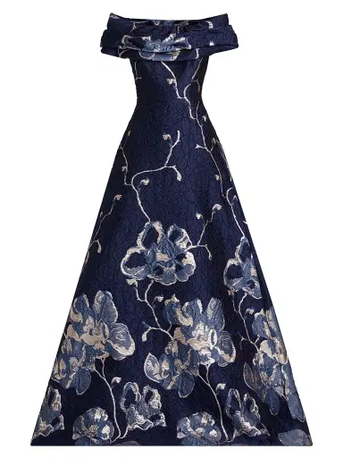 Teri Jon by Rickie Freeman Women's Floral Jacquard Off-The-Shoulder A-Line Gown - Navy Multi | Thumbnail 1 Teri Jon by Rickie Freeman Women's Floral Jacquard Off-The-Shoulder A-Line Gown - Navy Multi | Thumbnail 1