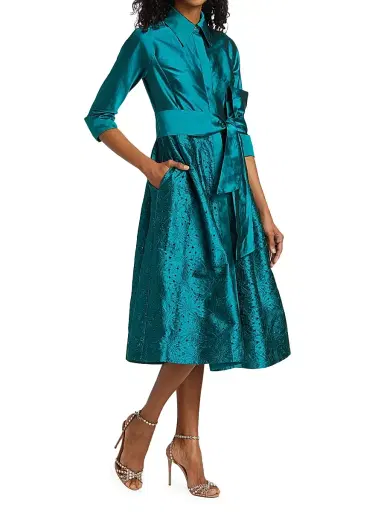 Teri Jon by Rickie Freeman Women's Taffeta Laser Cut Shirtdress - Teal | Thumbnail 2 Teri Jon by Rickie Freeman Women's Taffeta Laser Cut Shirtdress - Teal | Thumbnail 2