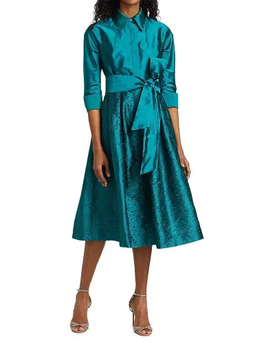 Teri Jon by Rickie Freeman Women's Taffeta Laser Cut Shirtdress - Teal | Thumbnail 3 Teri Jon by Rickie Freeman Women's Taffeta Laser Cut Shirtdress - Teal | Thumbnail 3