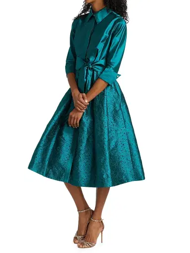 Teri Jon by Rickie Freeman Women's Taffeta Laser Cut Shirtdress - Teal | Thumbnail 4 Teri Jon by Rickie Freeman Women's Taffeta Laser Cut Shirtdress - Teal | Thumbnail 4