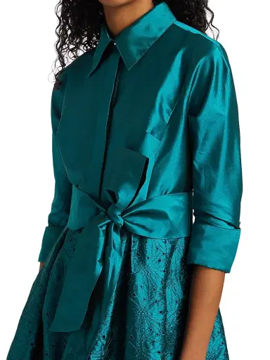 Teri Jon by Rickie Freeman Women's Taffeta Laser Cut Shirtdress - Teal | Thumbnail 6 Teri Jon by Rickie Freeman Women's Taffeta Laser Cut Shirtdress - Teal | Thumbnail 6