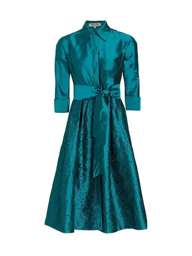 Teri Jon by Rickie Freeman Women's Taffeta Laser Cut Shirtdress - Teal | Thumbnail 1 Teri Jon by Rickie Freeman Women's Taffeta Laser Cut Shirtdress - Teal | Thumbnail 1