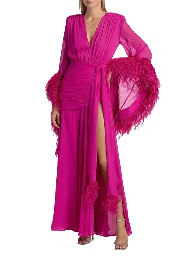 Bronx and Banco Women's Geisha Feather-Trim Chiffon Gown - Pink | Thumbnail 3 Bronx and Banco Women's Geisha Feather-Trim Chiffon Gown - Pink | Thumbnail 3