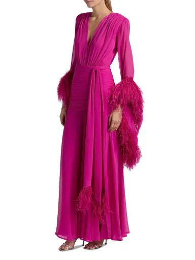 Bronx and Banco Women's Geisha Feather-Trim Chiffon Gown - Pink | Thumbnail 4 Bronx and Banco Women's Geisha Feather-Trim Chiffon Gown - Pink | Thumbnail 4