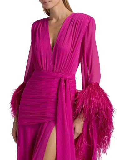 Bronx and Banco Women's Geisha Feather-Trim Chiffon Gown - Pink | Thumbnail 6 Bronx and Banco Women's Geisha Feather-Trim Chiffon Gown - Pink | Thumbnail 6