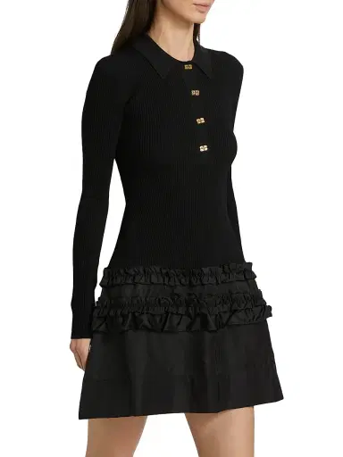Ganni Women's Mélange Rib-Knit A-Line Minidress - Black | Thumbnail 4 Ganni Women's Mélange Rib-Knit A-Line Minidress - Black | Thumbnail 4