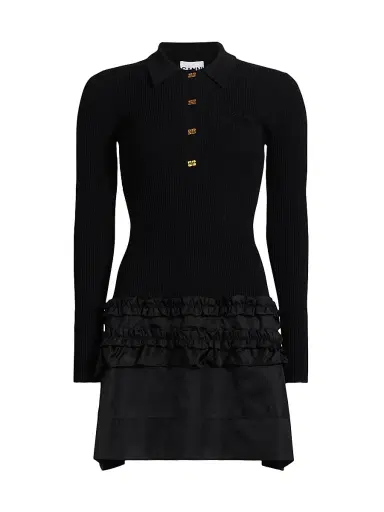 Ganni Women's Mélange Rib-Knit A-Line Minidress - Black | Thumbnail 1 Ganni Women's Mélange Rib-Knit A-Line Minidress - Black | Thumbnail 1