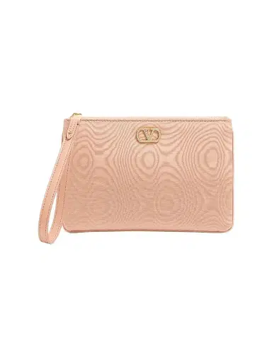 Valentino Garavani Women's VLogo Signature Clutch in Moiré Fabric with Jewel Logo - Pink Crystal | Thumbnail 1 Valentino Garavani Women's VLogo Signature Clutch in Moiré Fabric with Jewel Logo - Pink Crystal | Thumbnail 1