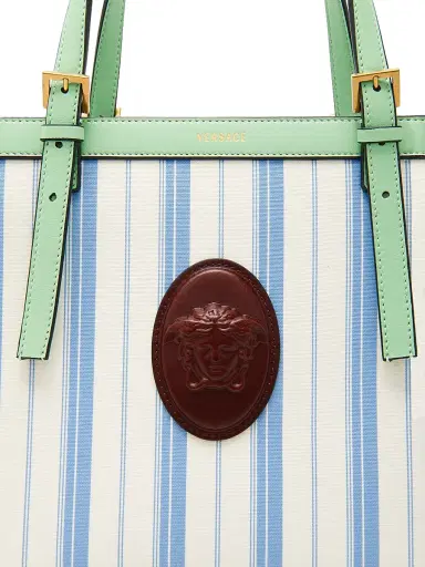 Versace Women's La Vacanza Medium Striped Canvas Tote Bag - Dusty Blue Ivory Mint | Thumbnail 6 Versace Women's La Vacanza Medium Striped Canvas Tote Bag - Dusty Blue Ivory Mint | Thumbnail 6