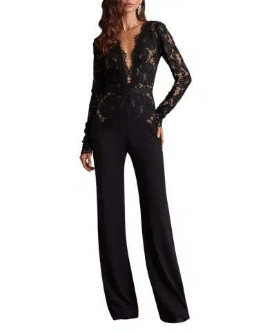Tadashi Shoji Amaris Plunging Illusion Lace & Crepe Jumpsuit | Thumbnail 1 Tadashi Shoji Amaris Plunging Illusion Lace & Crepe Jumpsuit | Thumbnail 1