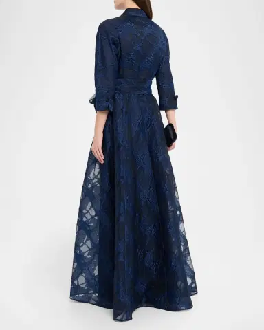 Rickie Freeman for Teri Jon Tie-Waist Jacquard Organza Shirt Gown | Thumbnail 2 Rickie Freeman for Teri Jon Tie-Waist Jacquard Organza Shirt Gown | Thumbnail 2