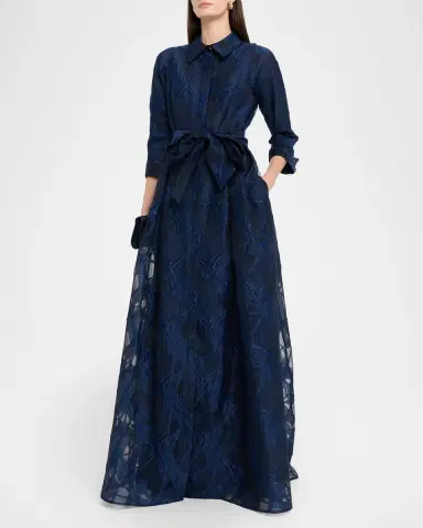Rickie Freeman for Teri Jon Tie-Waist Jacquard Organza Shirt Gown | Thumbnail 3 Rickie Freeman for Teri Jon Tie-Waist Jacquard Organza Shirt Gown | Thumbnail 3