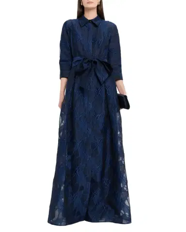Rickie Freeman for Teri Jon Tie-Waist Jacquard Organza Shirt Gown | Thumbnail 1 Rickie Freeman for Teri Jon Tie-Waist Jacquard Organza Shirt Gown | Thumbnail 1