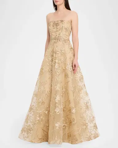 Naeem Khan Strapless Metallic Raffia Embroidered Gown | Thumbnail 3 Naeem Khan Strapless Metallic Raffia Embroidered Gown | Thumbnail 3