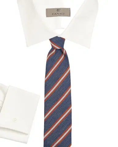 Canali Men's Navy and Tan Striped Silk Tie | Thumbnail 1 Canali Men's Navy and Tan Striped Silk Tie | Thumbnail 1