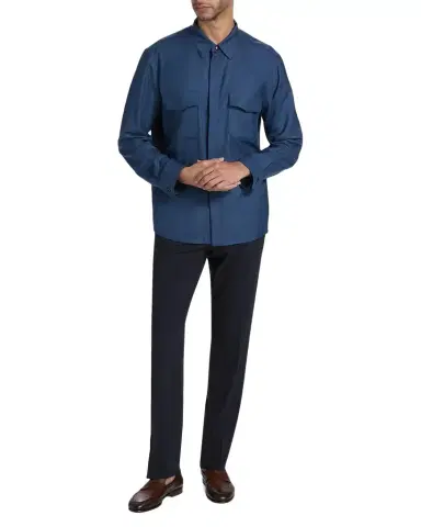 Canali Men's Wool and Silk Flap-Pocket Button-Down Shirt | Thumbnail 1 Canali Men's Wool and Silk Flap-Pocket Button-Down Shirt | Thumbnail 1