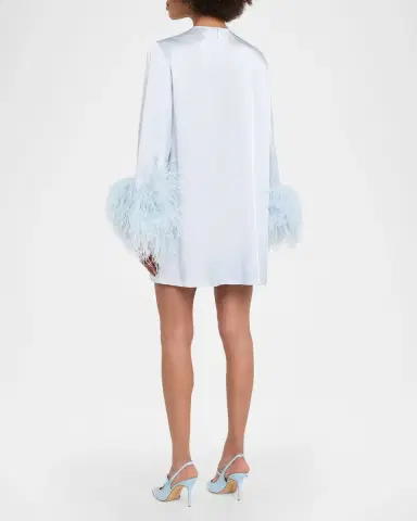 LAPOINTE Long-Sleeve Feather-Trim Satin Mini Shift Dress | Thumbnail 2 LAPOINTE Long-Sleeve Feather-Trim Satin Mini Shift Dress | Thumbnail 2