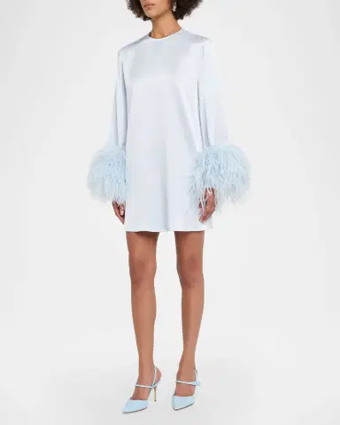 LAPOINTE Long-Sleeve Feather-Trim Satin Mini Shift Dress | Thumbnail 3 LAPOINTE Long-Sleeve Feather-Trim Satin Mini Shift Dress | Thumbnail 3