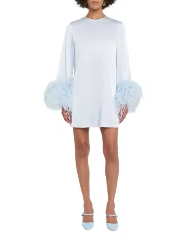 LAPOINTE Long-Sleeve Feather-Trim Satin Mini Shift Dress | Thumbnail 1 LAPOINTE Long-Sleeve Feather-Trim Satin Mini Shift Dress | Thumbnail 1