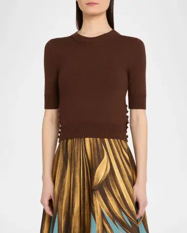 Oscar de la Renta Short-Sleeve Button-Side Crewneck Sweater | Thumbnail 3 Oscar de la Renta Short-Sleeve Button-Side Crewneck Sweater | Thumbnail 3