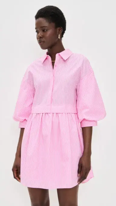 English Factory tripe Puff Sleeve Shirt Dress Pink tripes | Thumbnail 2 English Factory tripe Puff Sleeve Shirt Dress Pink tripes | Thumbnail 2