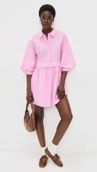 English Factory tripe Puff Sleeve Shirt Dress Pink tripes | Thumbnail 5 English Factory tripe Puff Sleeve Shirt Dress Pink tripes | Thumbnail 5