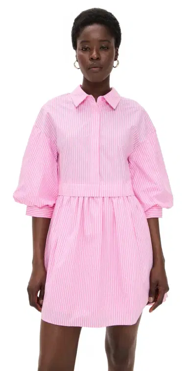 English Factory tripe Puff Sleeve Shirt Dress Pink tripes | Thumbnail 1 English Factory tripe Puff Sleeve Shirt Dress Pink tripes | Thumbnail 1