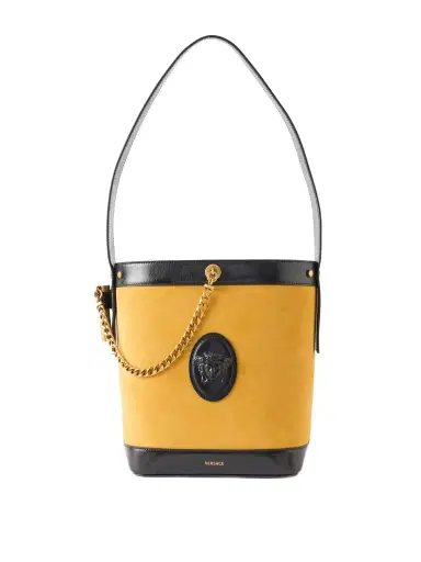 Versace Pivot Logo-appliquéd Small Leather Bucket Bag | Thumbnail 1 Versace Pivot Logo-appliquéd Small Leather Bucket Bag | Thumbnail 1