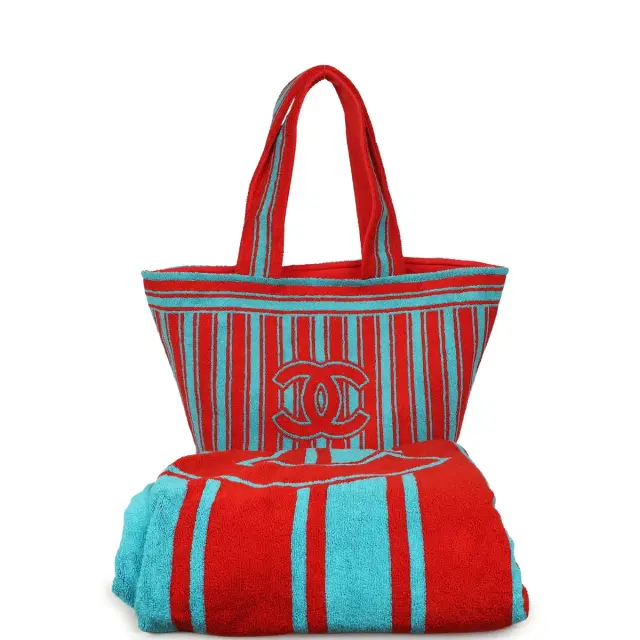 Chanel Coco Beach CC Striped Beach Tote Bag & Towel Set Red and Turquoise Terry Silver Hardware Chanel Coco Beach CC Striped Beach Tote Bag & Towel Set Red and Turquoise Terry Silver Hardware
