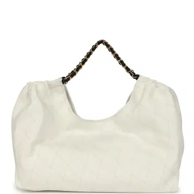 Chanel Chanel Maxi Coco Beach Cambon Hobo Bag White Denim and Black Calfskin Brushed Gold Hardware | Thumbnail 4 Chanel Chanel Maxi Coco Beach Cambon Hobo Bag White Denim and Black Calfskin Brushed Gold Hardware | Thumbnail 4