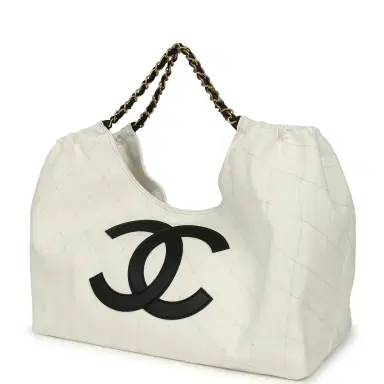 Chanel Chanel Maxi Coco Beach Cambon Hobo Bag White Denim and Black Calfskin Brushed Gold Hardware | Thumbnail 5 Chanel Chanel Maxi Coco Beach Cambon Hobo Bag White Denim and Black Calfskin Brushed Gold Hardware | Thumbnail 5