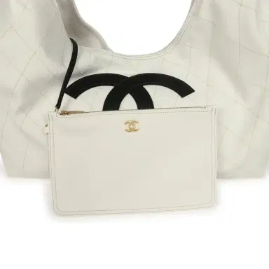 Chanel Chanel Maxi Coco Beach Cambon Hobo Bag White Denim and Black Calfskin Brushed Gold Hardware | Thumbnail 7 Chanel Chanel Maxi Coco Beach Cambon Hobo Bag White Denim and Black Calfskin Brushed Gold Hardware | Thumbnail 7