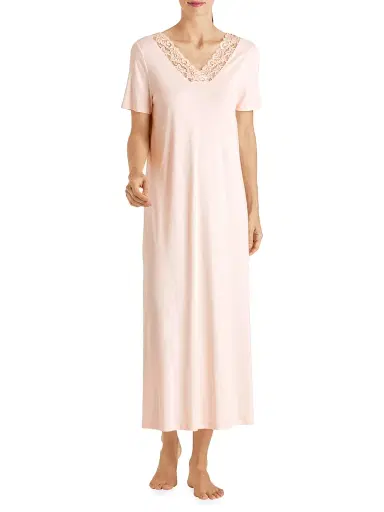 Hanro Women's Moments Short-Sleeve Long Gown - Crystal Pink | Thumbnail 2 Hanro Women's Moments Short-Sleeve Long Gown - Crystal Pink | Thumbnail 2