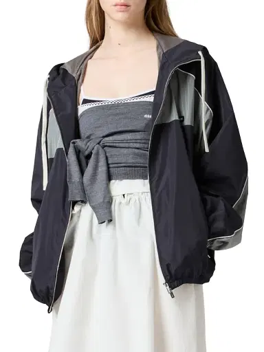 Miu Miu Women's Technical Silk Zipper Blouson Jacket - Blue Grey | Thumbnail 2 Miu Miu Women's Technical Silk Zipper Blouson Jacket - Blue Grey | Thumbnail 2