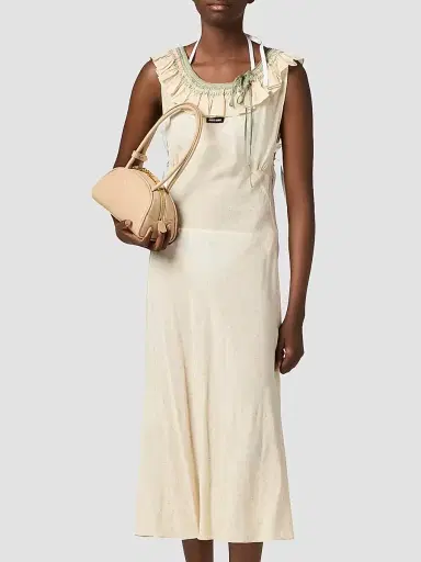 Miu Miu Women's Embroidered Marocain Crepe Dress - Beige Khaki | Thumbnail 2 Miu Miu Women's Embroidered Marocain Crepe Dress - Beige Khaki | Thumbnail 2