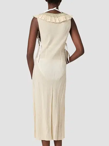 Miu Miu Women's Embroidered Marocain Crepe Dress - Beige Khaki | Thumbnail 3 Miu Miu Women's Embroidered Marocain Crepe Dress - Beige Khaki | Thumbnail 3
