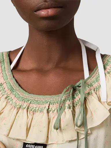 Miu Miu Women's Embroidered Marocain Crepe Dress - Beige Khaki | Thumbnail 6 Miu Miu Women's Embroidered Marocain Crepe Dress - Beige Khaki | Thumbnail 6
